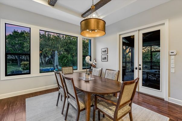 Dining room, Interior, Pendant Lights, Wood Texture Flooring