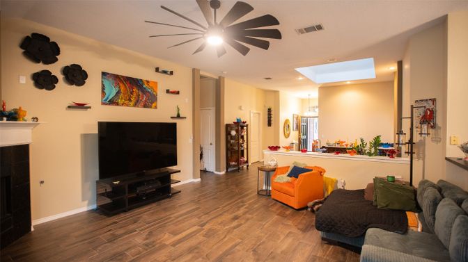 Fireplace, Interior, Living room, Recessed Lighting, Wood Texture Flooring