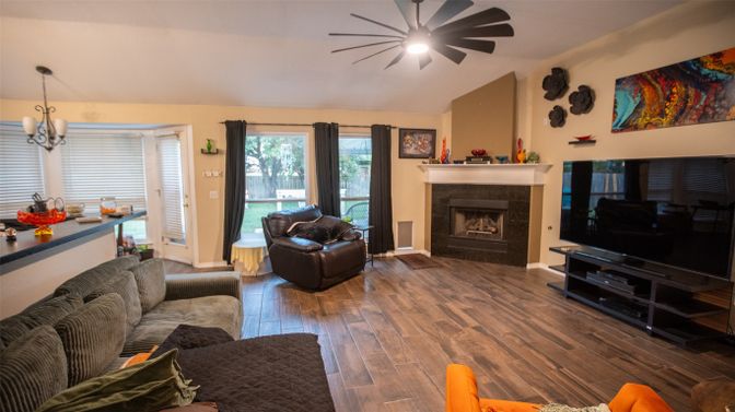 Fireplace, Interior, Living room, Pendant Lights, Wood Texture Flooring