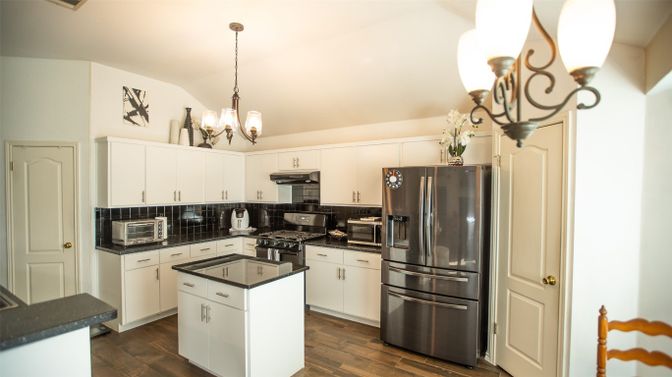 Chandelier, Interior, Kitchen, Pendant Lights, Stainless Steel Appliances, Wood Texture Flooring