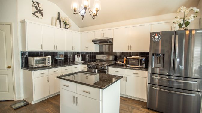 Chandelier, Interior, Kitchen, Stainless Steel Appliances, Wood Texture Flooring