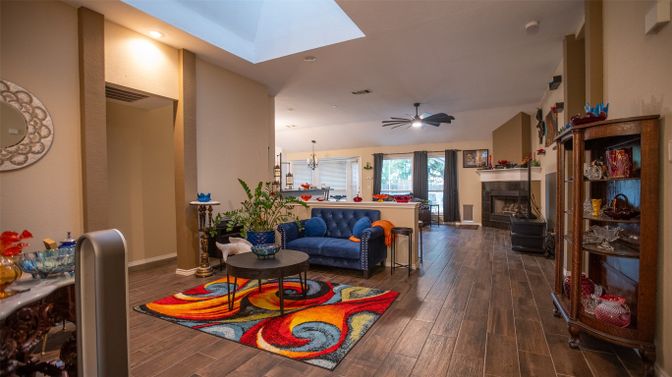 Fireplace, Interior, Pendant Lights, Recessed Lighting, Wood Texture Flooring