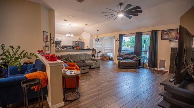 Chandelier, Dining room, Fireplace, Interior, Kitchen, Living room, Pendant Lights, Recessed Lighting, Wood Texture Flooring