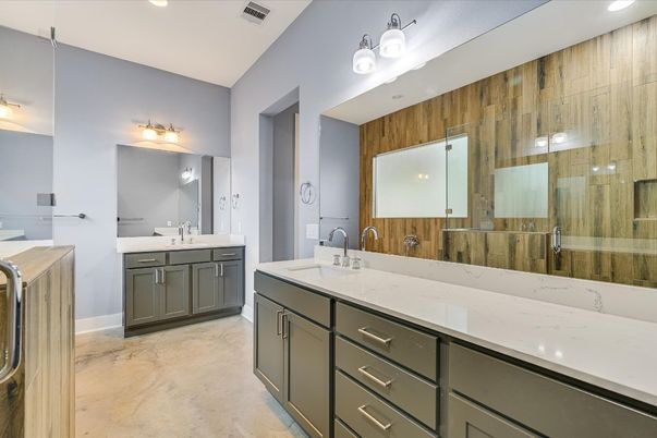 Bathroom, Dual Sink Vanities, Glass Shower, Interior, Recessed Lighting, Wooden Walls