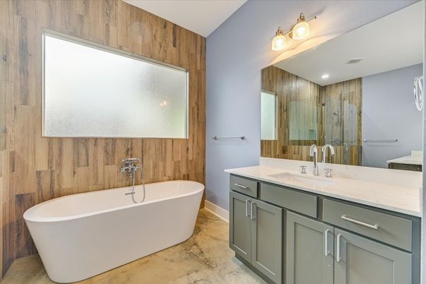Bathroom, Dual Sink Vanities, Free Standing Baths, Interior, Recessed Lighting, Wooden Walls