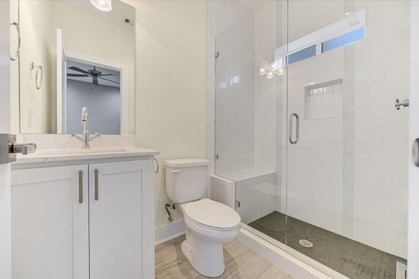 Bathroom, Glass Shower, Interior, Wood Texture Flooring