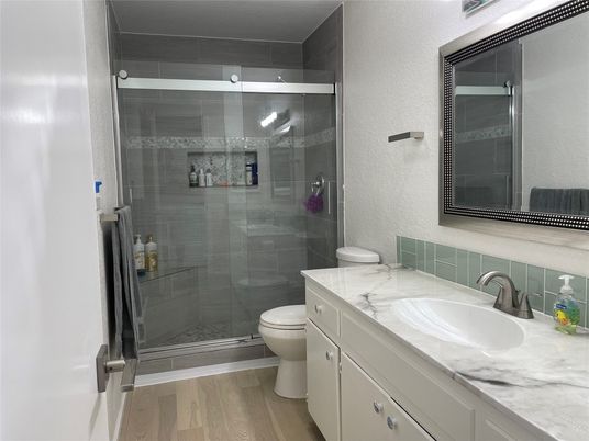 Bathroom, Glass Shower, Interior, Wood Texture Flooring