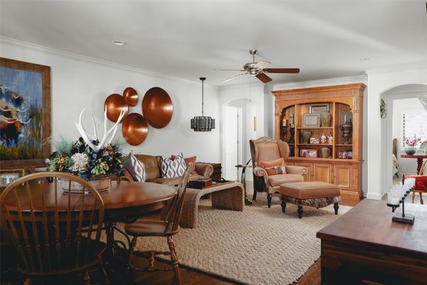 Dining room, Interior, Living room, Recessed Lighting, Wood Texture Flooring