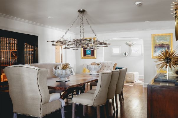Chandelier, Dining room, Interior, Pendant Lights, Recessed Lighting, Wood Texture Flooring