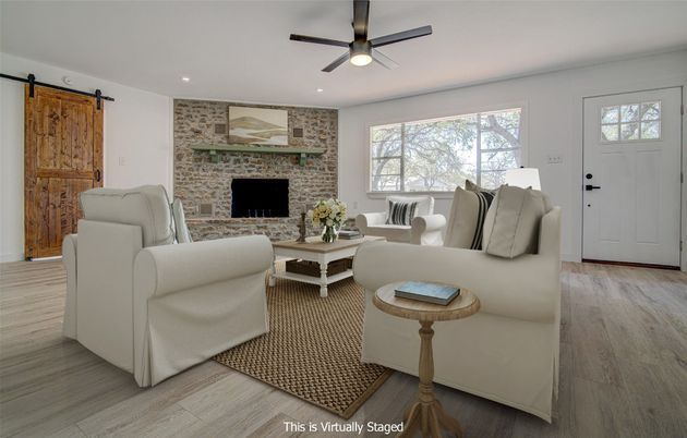 Interior, Living room, Recessed Lighting, Stone Walls, Wood Texture Flooring