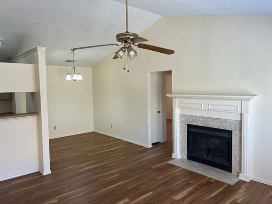 Empty room, Fireplace, Interior, Pendant Lights, Wood Texture Flooring