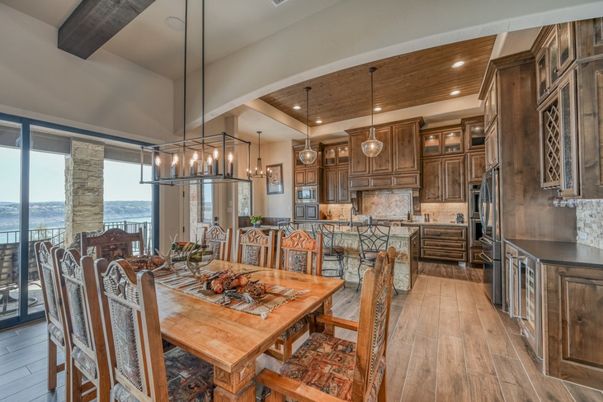 Dining room, Interior, Kitchen, Pendant Lights, Recessed Lighting, Stainless Steel Appliances, Water, Wooden Ceilings, Wood Texture Flooring