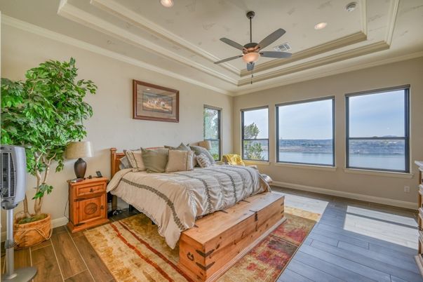 Bedroom, Interior, Recessed Lighting, Water, Wood Texture Flooring