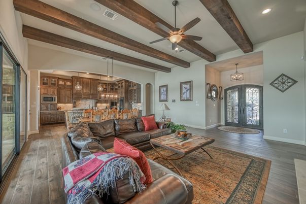 Interior, Kitchen, Living room, Pendant Lights, Recessed Lighting, Wooden Beams, Wood Texture Flooring