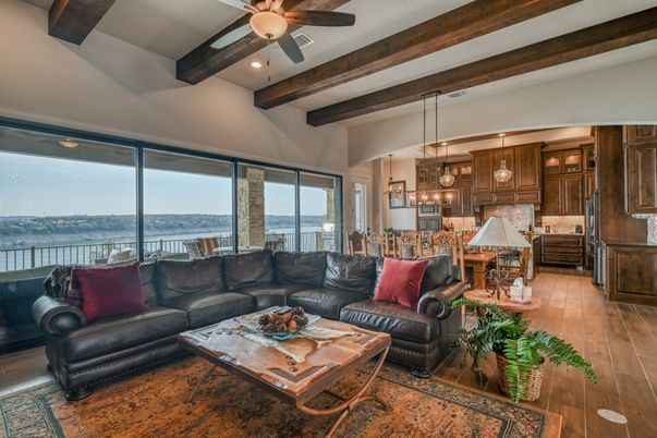 Interior, Kitchen, Living room, Pendant Lights, Recessed Lighting, Water, Wooden Beams, Wood Texture Flooring
