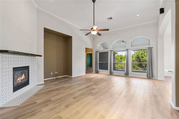 Empty room, Fireplace, Interior, Recessed Lighting, Wood Texture Flooring