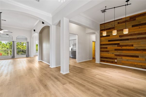 Empty room, Interior, Pendant Lights, Recessed Lighting, Wood Texture Flooring, Wooden Walls