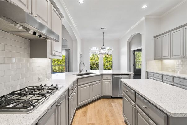 Interior, Kitchen, Pendant Lights, Recessed Lighting, Stainless Steel Appliances, Wood Texture Flooring