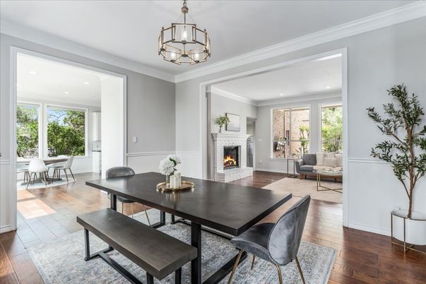 Dining room, Fireplace, Interior, Living room, Recessed Lighting, Wood Texture Flooring