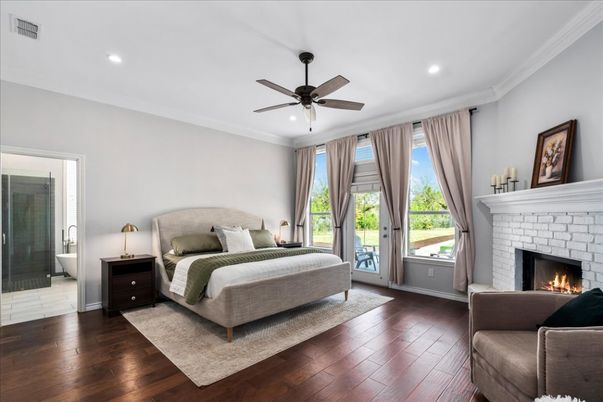 Bedroom, Fireplace, Interior, Recessed Lighting, Wood Texture Flooring