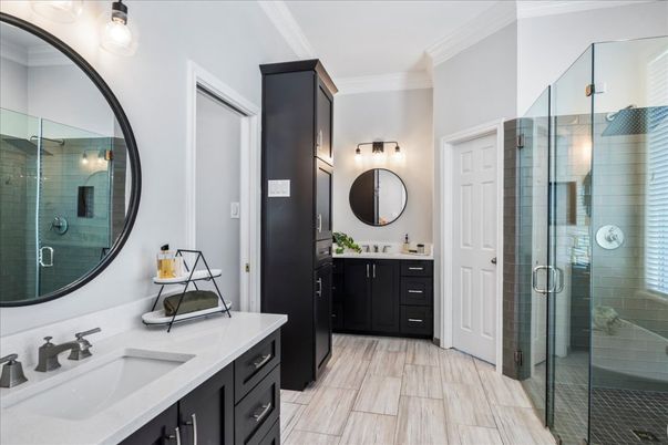 Bathroom, Dual Sink Vanities, Glass Shower, Interior, Wood Texture Flooring