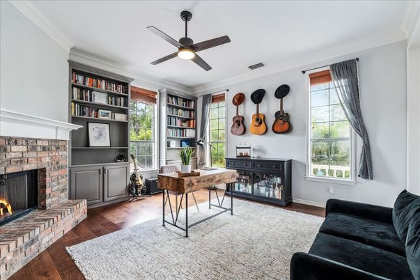 Fireplace, Home Office, Interior, Wood Texture Flooring