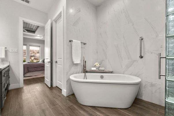 Bathroom, Free Standing Baths, Interior, Marble Walls, Wood Texture Flooring