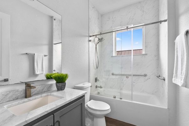 Bathroom, Glass Shower, Interior, Marble Walls, Wood Texture Flooring