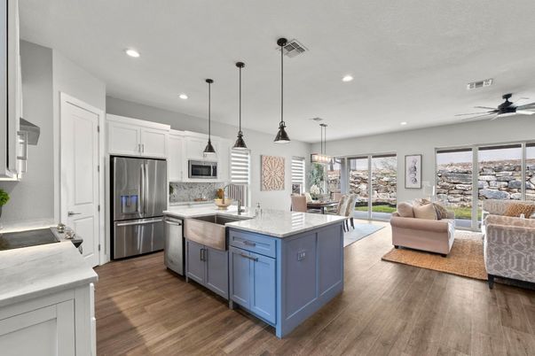 Dining room, Interior, Kitchen, Living room, Pendant Lights, Recessed Lighting, Stainless Steel Appliances, Wood Texture Flooring