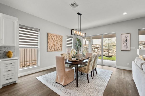 Dining room, Interior, Pendant Lights, Recessed Lighting, Wood Texture Flooring