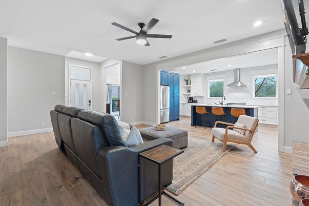 Interior, Kitchen, Living room, Recessed Lighting, Stainless Steel Appliances, Wood Texture Flooring