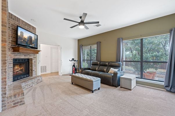 Fireplace, Fitness Equipment, Interior, Living room, Stone Walls