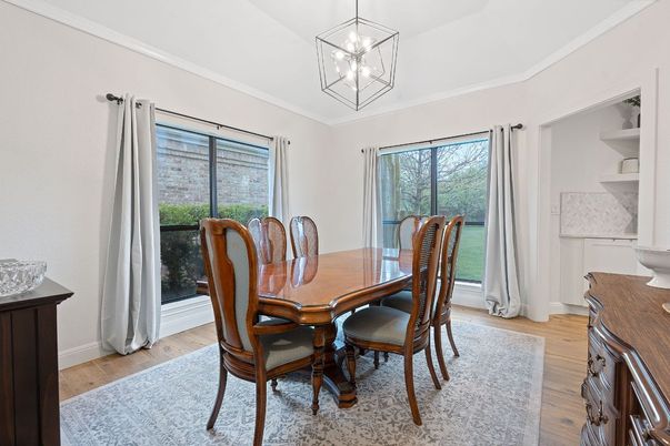 Dining room, Interior, Pendant Lights, Wood Texture Flooring