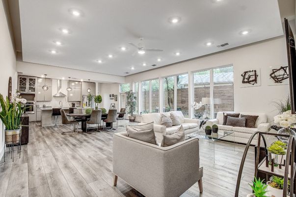 Dining room, Interior, Kitchen, Living room, Pendant Lights, Recessed Lighting, Stainless Steel Appliances, Wood Texture Flooring