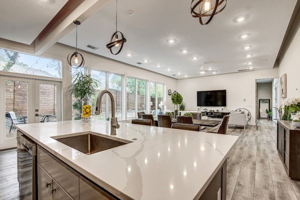 Dining room, Interior, Kitchen, Living room, Pendant Lights, Recessed Lighting, Wood Texture Flooring