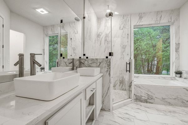 Bathroom, Free Standing Baths, Glass Shower, Interior, Marble, Marble Walls, Recessed Lighting