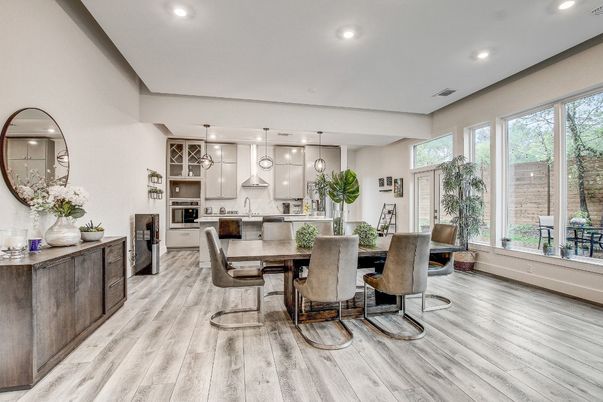 Dining room, Interior, Kitchen, Pendant Lights, Recessed Lighting, Stainless Steel Appliances, Wood Texture Flooring
