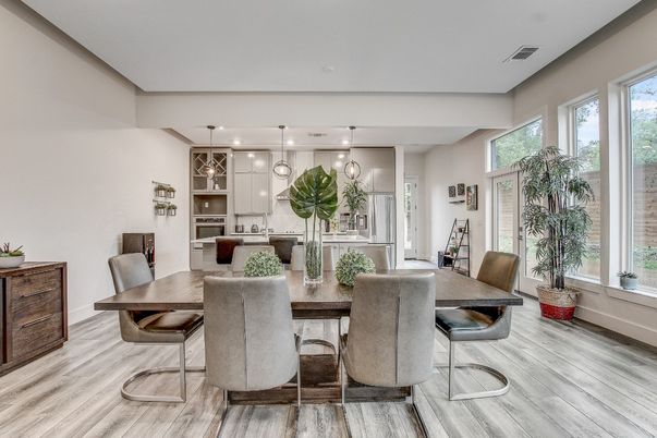 Dining room, Interior, Pendant Lights, Wood Texture Flooring