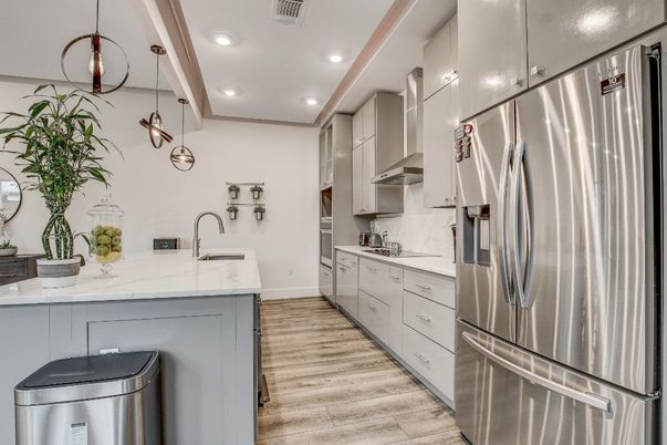 Interior, Kitchen, Pendant Lights, Recessed Lighting, Stainless Steel Appliances, Wood Texture Flooring