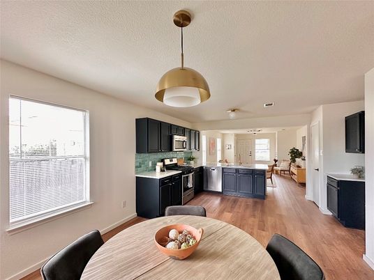 Dining room, Interior, Kitchen, Pendant Lights, Wood Texture Flooring