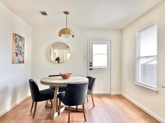 Dining room, Interior, Pendant Lights, Wood Texture Flooring