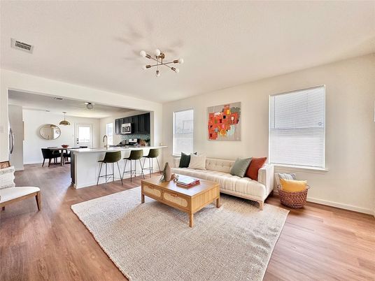 Dining room, Interior, Kitchen, Living room, Pendant Lights, Wood Texture Flooring