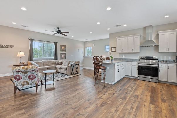 Interior, Kitchen, Living room, Recessed Lighting, Stainless Steel Appliances, Wood Texture Flooring