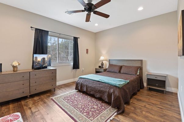 Bedroom, Interior, Recessed Lighting, Wood Texture Flooring