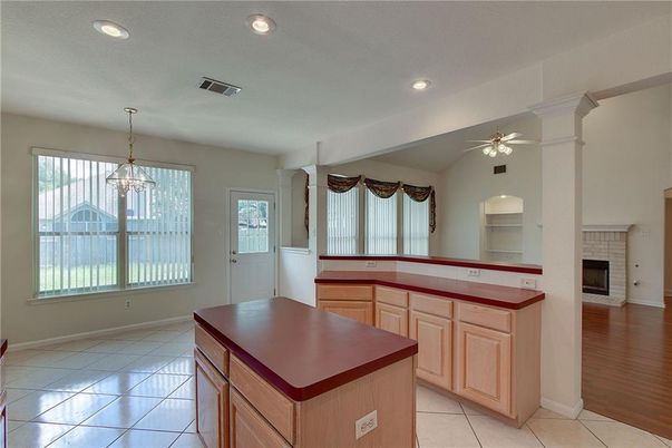 Chandelier, Fireplace, Interior, Kitchen, Recessed Lighting