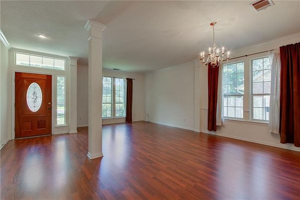 Chandelier, Empty room, Interior, Recessed Lighting, Wood Texture Flooring