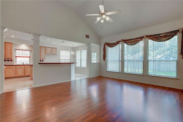Empty room, Interior, Kitchen, Pendant Lights, Recessed Lighting, Wood Texture Flooring