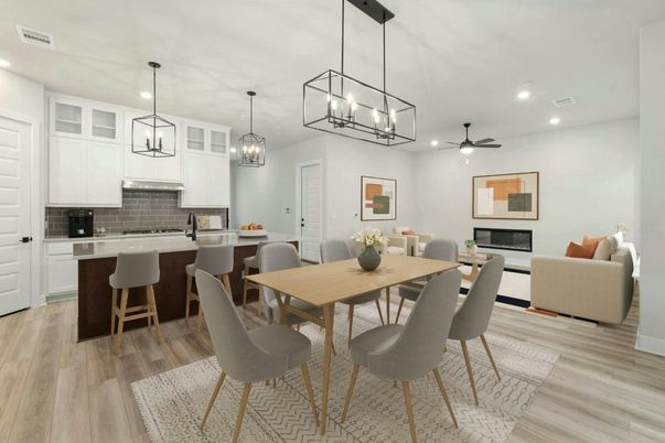 Dining room, Fireplace, Interior, Kitchen, Living room, Pendant Lights, Recessed Lighting, Wood Texture Flooring