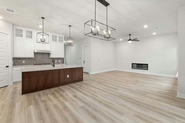 Interior, Kitchen, Pendant Lights, Recessed Lighting, Wood Texture Flooring