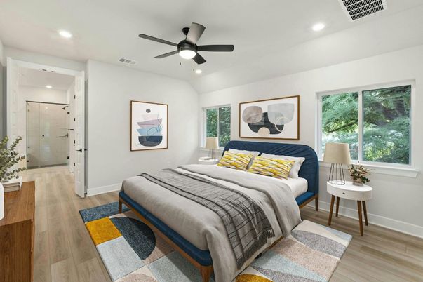 Bathroom, Bedroom, Glass Shower, Interior, Recessed Lighting, Wood Texture Flooring